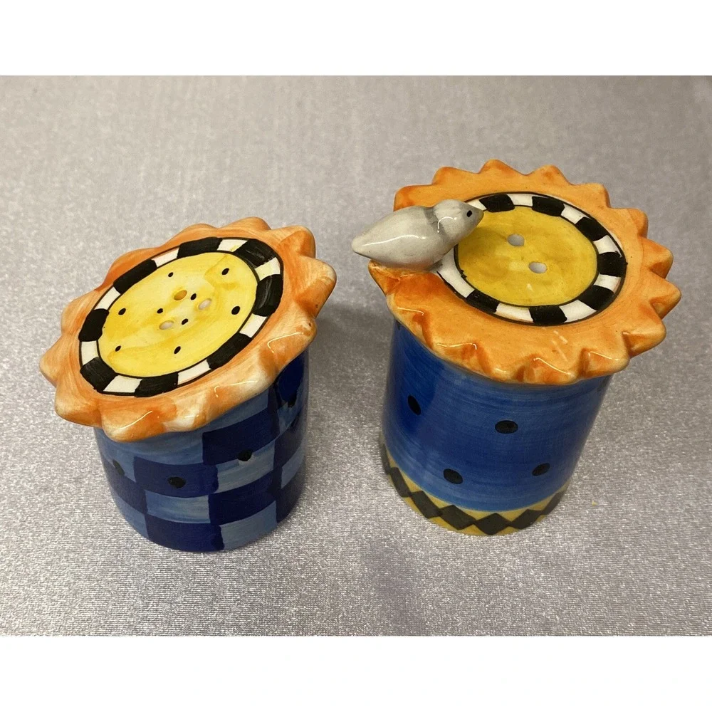 Salt & Pepper Shakers SunFlower With Bird Hand Painted 3Oz. Colorful Pre-Owned